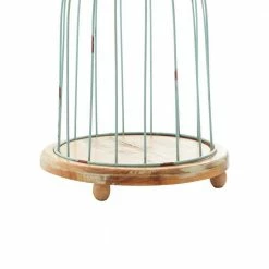Litton Lane Brown and Mint Green Tin Wire Cage with Sculpted Bird Planters with Round Wood Base (Set of 3) -Litton Lane Sales Store green litton lane plant pots 92391 77 1000