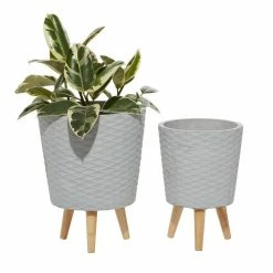 Litton Lane 14 in. and 16 in. Grey Textured Round Fiberclay Planters (Set of 2)