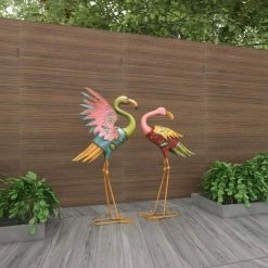 Litton Lane 28 in. Indoor Outdoor Embossed Standing Flamingo Garden Sculpture with Coiled U Shaped Feet (Set of 2) -Litton Lane Sales Store litton lane garden statues 55142 4f 1000