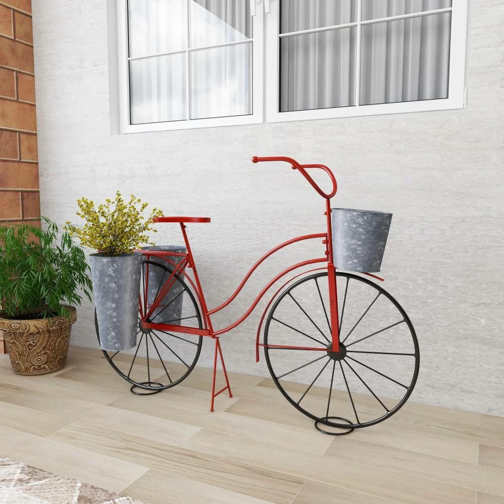 Litton Lane 38 in. Red Round Metal Bicycle Plantstand with 2-Tiers 9 Litton Lane 38 in. Red Round Metal Bicycle Plantstand with 2-Tiers - Image 7