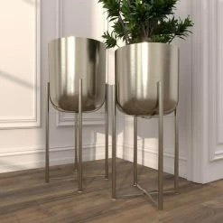 Litton Lane 11 in. x 22 in. Silver Metal Indoor Outdoor Deep Recessed Dome Planter with Removable Stand (Set of 2) -Litton Lane Sales Store silver litton lane plant pots 51923 1f 1000