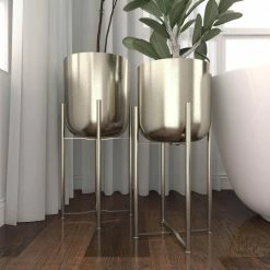 Litton Lane 11 in. x 22 in. Silver Metal Indoor Outdoor Deep Recessed Dome Planter with Removable Stand (Set of 2) -Litton Lane Sales Store silver litton lane plant pots 51923 44 1000