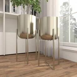 Litton Lane 11 in. x 22 in. Silver Metal Indoor Outdoor Deep Recessed Dome Planter with Removable Stand (Set of 2) -Litton Lane Sales Store silver litton lane plant pots 51923 4f 1000