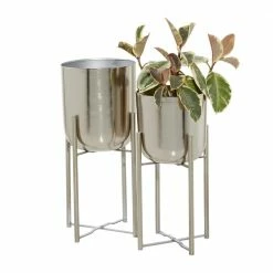 Litton Lane 11 in. x 22 in. Silver Metal Indoor Outdoor Deep Recessed Dome Planter with Removable Stand (Set of 2)