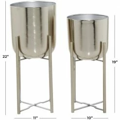 Litton Lane 11 in. x 22 in. Silver Metal Indoor Outdoor Deep Recessed Dome Planter with Removable Stand (Set of 2) -Litton Lane Sales Store silver litton lane plant pots 51923 c3 1000