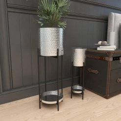 Litton Lane 32 in. x 11 in. Silver Metal Modern Planter (Set of 2) -Litton Lane Sales Store silver litton lane plant pots 80792 1f 1000