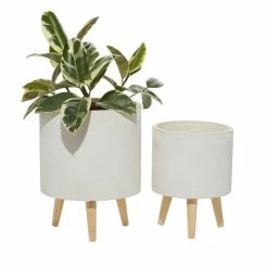 Litton Lane 16 in. x 13 in. White Fiber Clay Contemporary Planter (Set of 2)