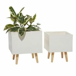 Litton Lane 13 in. and 15 in. White Square Fiberclay Planters (Set of 2)
