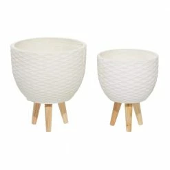 Litton Lane 16 in. x 15 in. White Fiber Clay Contemporary Planter (Set of 2)